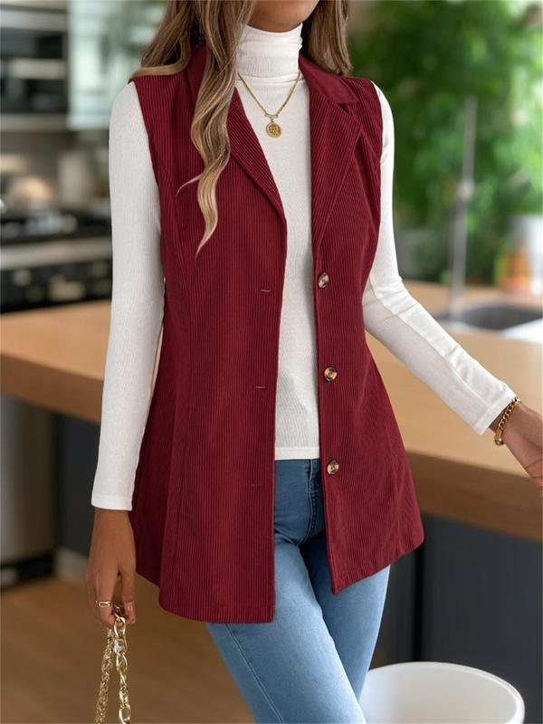 Women's Solid Button Front Lapel Vest Coat, Casual Sleeveless Outerwear for Fall & Winter, Ladies Clothes for Daily Wear