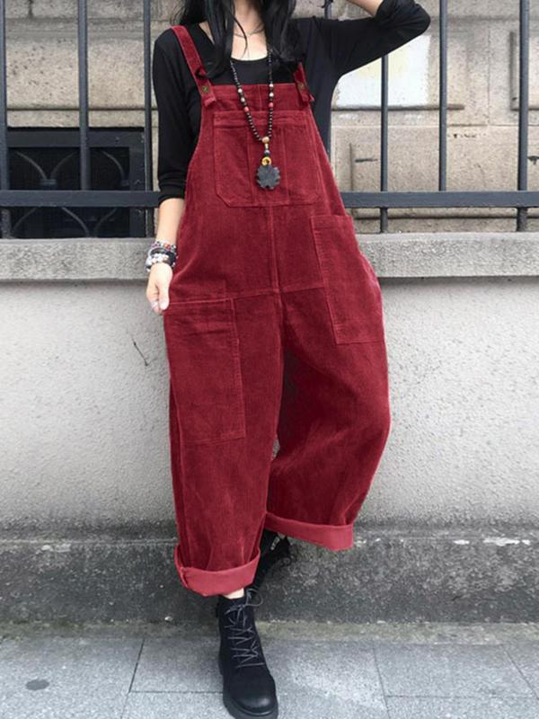 Women's Solid Button Pocket Corduroy Overalls Jumpsuit without Tee, Casual Sleeveless Jumpsuit for Fall & Winter, Women's Jumpsuit for Daily Wear, Jumpsuit for Women, Downtown Girl Clothes