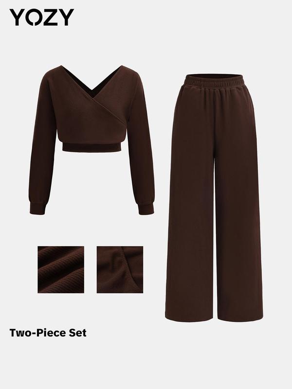 YOZY Black Friday Deals, Women's Solid Wrap V Neck Top & Wide Leg Pants Two-piece Set, Casual Long Sleeve Top & Trousers Two Piece Set for Daily Wear, Ladies Clothes for All Seasons, Christmas 2024 Trend, Thanksgiving Outfits, Fall Outfits, Winter Outfits