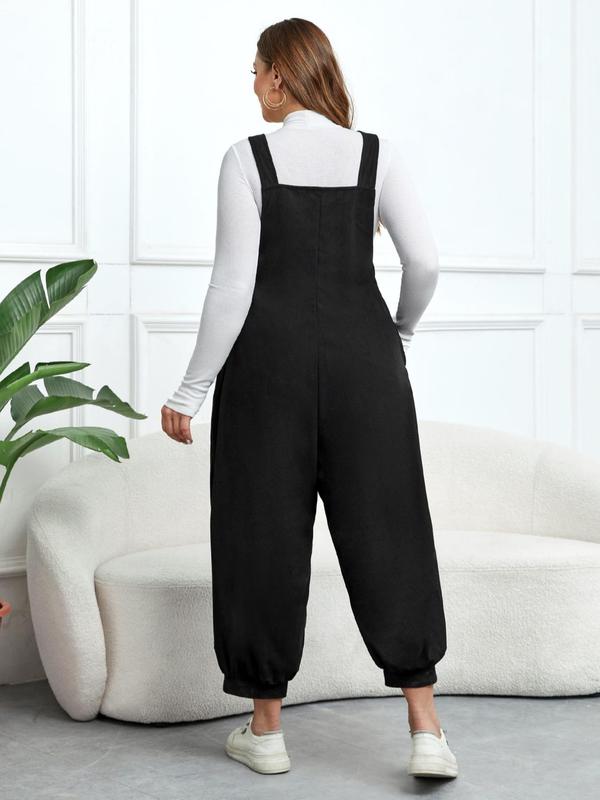  Plain Minimalist Adjustable Strap Corduroy Harem Jumpsuit without Tee, Back To School Outfits, Casual Basic Sleeveless Overalls for Lady Daily Wear, Summer Outfits 2024, Black Girl Outfits