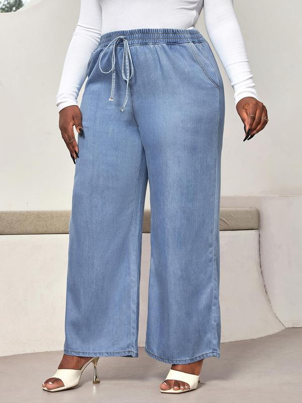 CURVZY Christmas Deals, Plus Size Solid Drawstring Waist Wide Leg Jeans, Casual Pants Pocket High Waist Denim Trousers for Daily Wear, Women's Bottoms for All Seasons, Christmas 2024 Trend, Fall & Winter Clothes