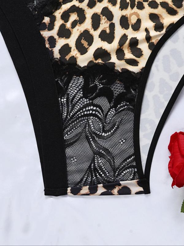 Plus Size Two-piece Set Leopard Print Contrast Lace Push Up Bra & High Rise Sheer Panty Set, Adjustable Spaghetti Strap Lingerie Top & High Waist Knicker, Women's Two-Piece Underwear Set For All Seasons