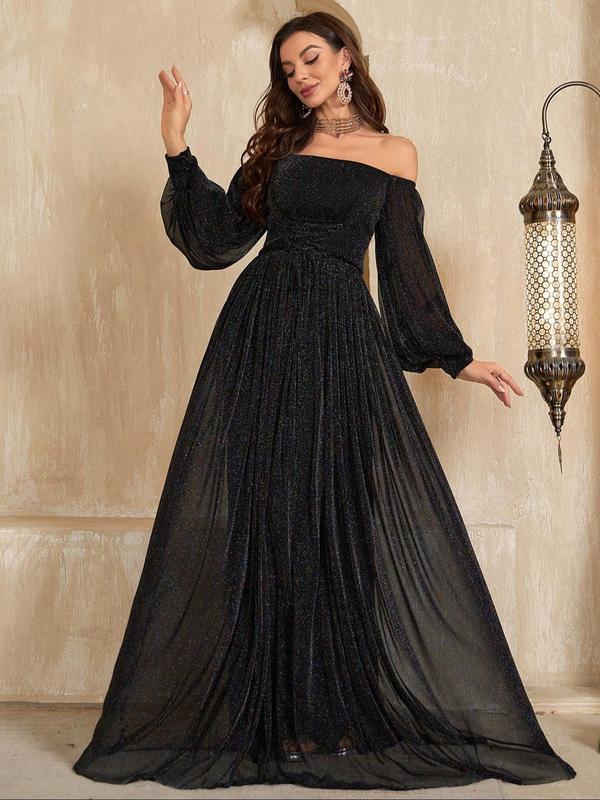 Women's Glitter Off The Shoulder Lace Up Maxi Dress, Elegant Bishop Sleeve A Line Dress for Party Evening Formal Occasions, Ladies' Clothes for All Seasons