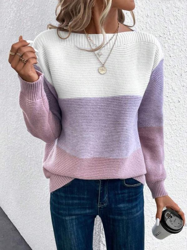 Women's Colorblock Striped Print Drop Shoulder Sweater, Casual Long Sleeve Round Neck Jumper for Daily Outdoor Wear, Women Knitwear for Fall & Winter, Sweaters for Women