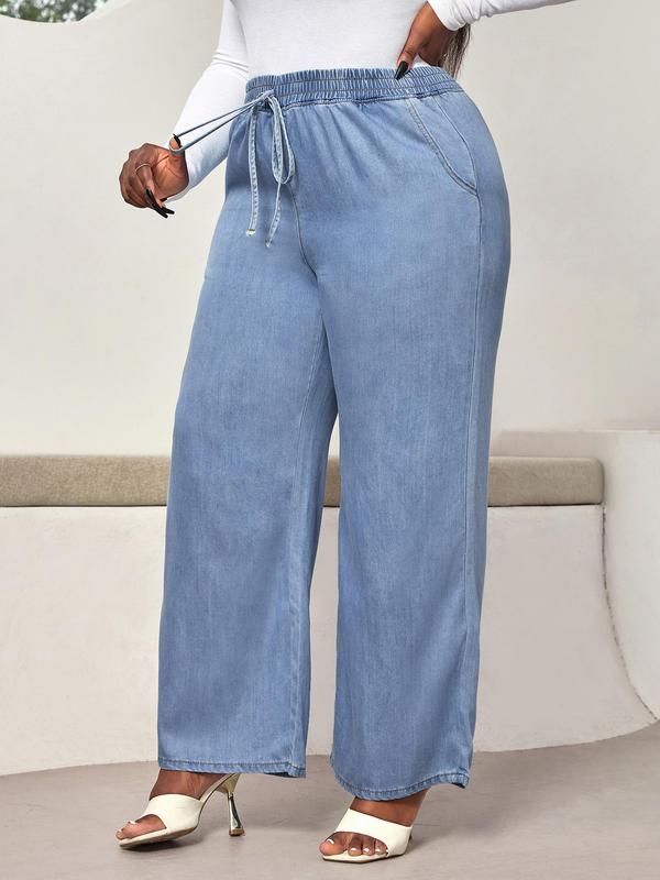 CURVZY Christmas Deals, Plus Size Solid Drawstring Waist Wide Leg Jeans, Casual Pants Pocket High Waist Denim Trousers for Daily Wear, Women's Bottoms for All Seasons, Christmas 2024 Trend, Fall & Winter Clothes