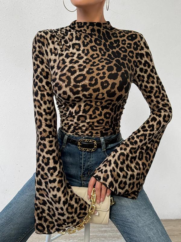 Women's Leopard Print Flounce Sleeve Mock Neck Tee, Casual Long Sleeve T-Shirt for Summer, Ladies Clothes for Daily Wear