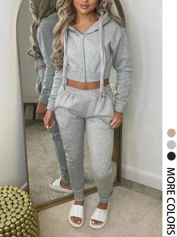 Women's Solid Zip Up Drawstring Hoodie & Elastic Waist Pants Two-piece Set, Summer Outfits 2024 Sets, Casual Long Sleeve Hooded Top & Pocket Trousers for Spring & Fall, Women's Clothes for Daily Wear  Sweatsuit Set Outfit