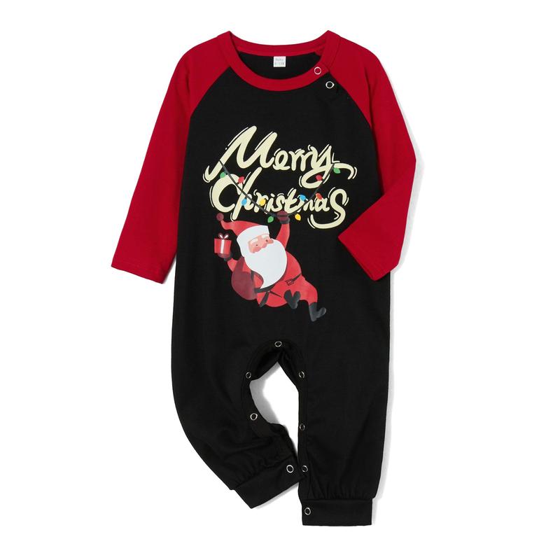 Christmas Family Pajamas Matching Set, Long Sleeve Letters Santa Claus Print T-shirt with Plaid Pants Sleepwear Loungewear Crewneck Womenswear