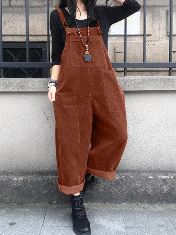 Women's Solid Button Pocket Corduroy Overalls Jumpsuit without Tee, Casual Sleeveless Jumpsuit for Fall & Winter, Women's Jumpsuit for Daily Wear, Jumpsuit for Women, Downtown Girl Clothes