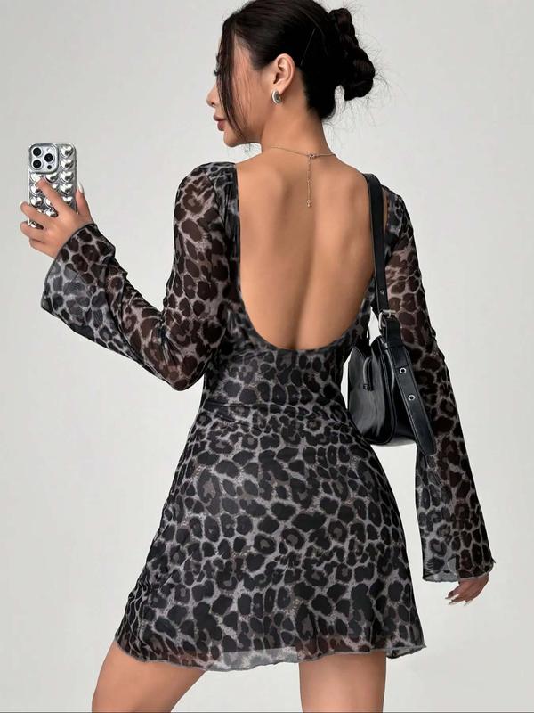 Women's Leopard Print Backless Mesh Dress, Dresses for Women, Fashion Casual Boat Neck Flounce Sleeve Short Dress for Daily Outdoor Wear, Women Dress for Spring Fall