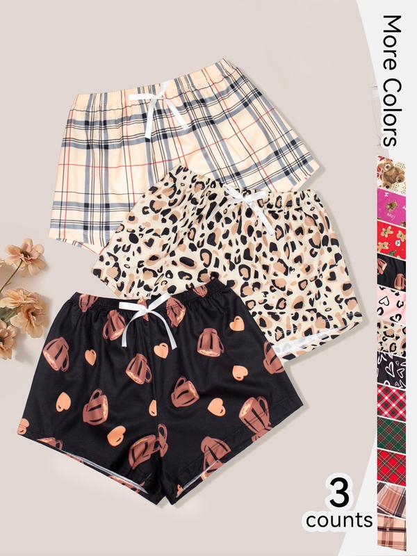 Women's 3pcs Lepord Plaid Heart Print Elastic Waist Wide Leg Sleep Shorts, Summer Clothes Women, Comfy Breathable Pyjama Shorts for Summer, Soft Pj for Lady, Comfortable Ladies Lounge Bottoms for Indoor Home Sleepwear