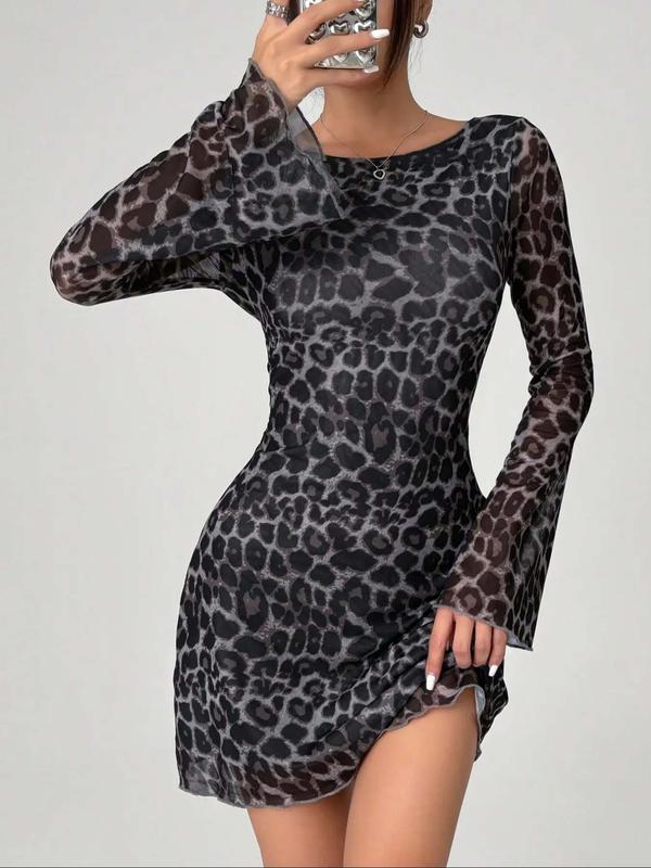 Women's Leopard Print Backless Mesh Dress, Dresses for Women, Fashion Casual Boat Neck Flounce Sleeve Short Dress for Daily Outdoor Wear, Women Dress for Spring Fall