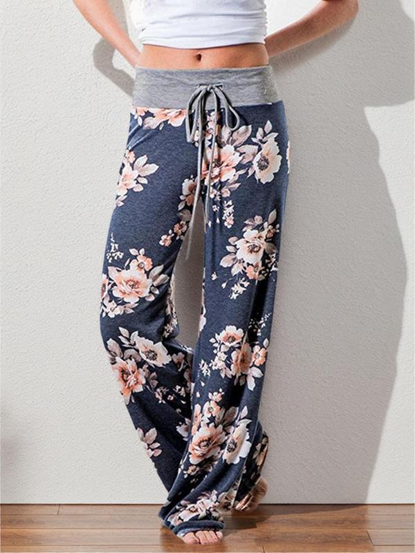 Women's Floral Print Drawstring Waist Wide Leg Pants, Pants for Women, Going Out Bottoms, Casual Comfy Trousers for Spring & Fall, Women's Bottoms for Daily Wear