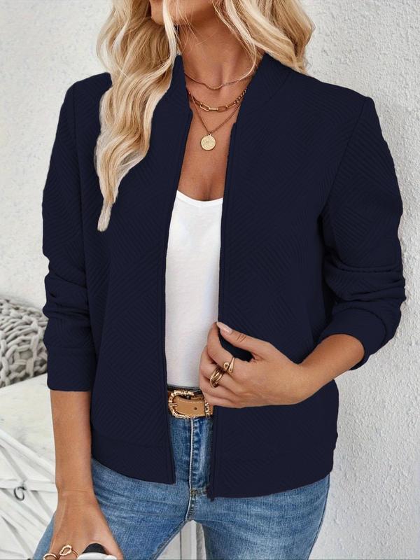 Women's Solid Textured Zip Up Jacket, Casual Long Sleeve Mock Neck Outerwear for Spring & Fall, Ladies Tops Clothes for Daily Wear