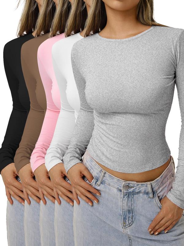 Women's Solid Ruched Long Sleeve Crop Lounge  Tee, Casual Comfy Round Neck T-shirt for Daily Wear, Ladies Sleepwear for Spring & Fall