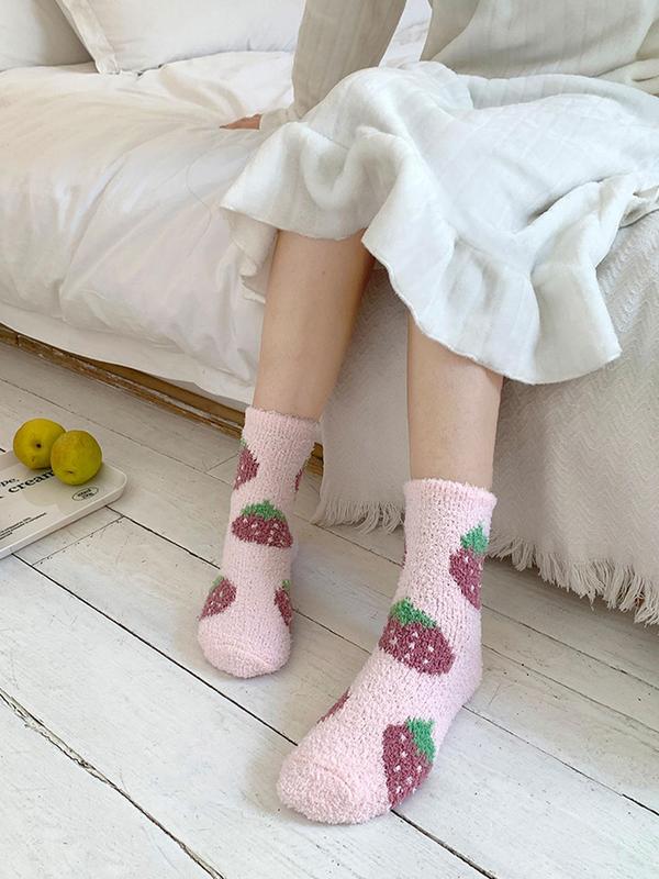 Women's Fruit Print Coral Fleece Crew Socks, Casual Soft Comfy Thermal Socks for Fall & Winter, Women's Socks for Daily Wear