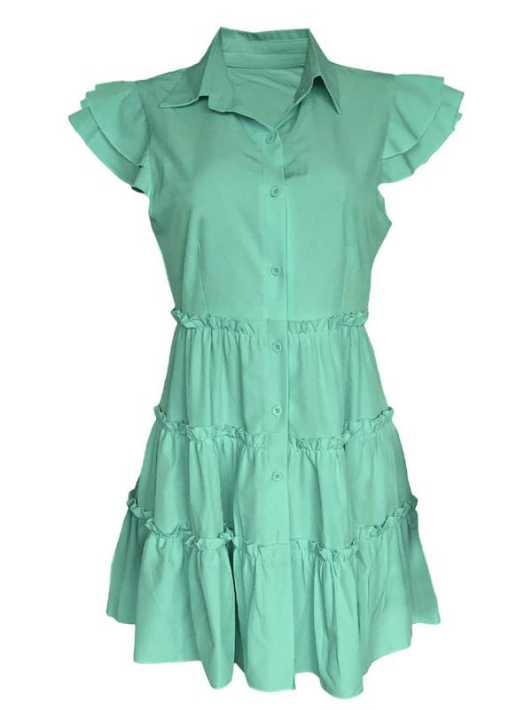 Women's Layered Sleeve Frill Trim Shirt Dress, Summer Dresses, Boho Button Front Collared Smock Dress for Summer, Back To School Clothes, Women's Clothing for Daily Wear, Birthday Dress for Women