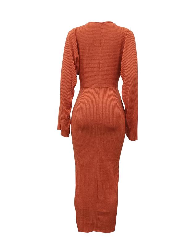 Women's Plain Batwing Sleeve Bodycon Ribbed Dress, Casual Long Sleeve Round Neck Long Dress for Daily Wear, Ladies Clothes for All Seasons, Fall Dresses,  Dresses for Women