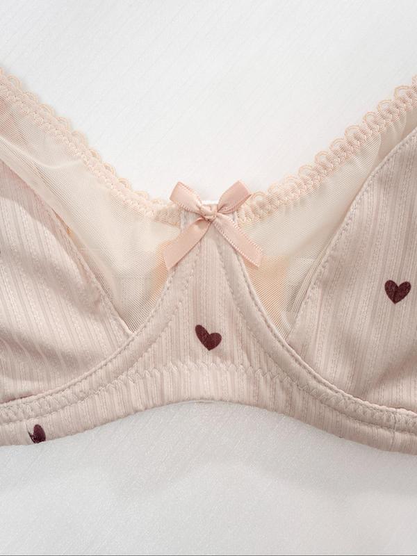 Plus Size Heart Print Bow Front Sheer Bra, Comfy Breathable Underwire Push Up Bralette for Daily Wear, Plus Size Underwear for All Seasons