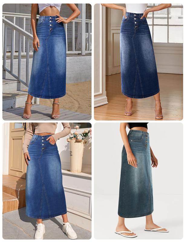 Womens Long Denim Skirt Casual A-Line Stretch Jean Skirt for Women High Waisted Vintage Denim Maxi Skirt with Pockets Blue long jean skirts for women