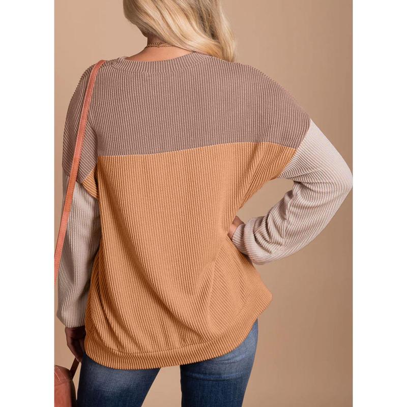 Dokotoo Womens Fashion 2024 Color Block Long Sleeve Crewneck Knitted Casual Loose Pullover Shirts Tops