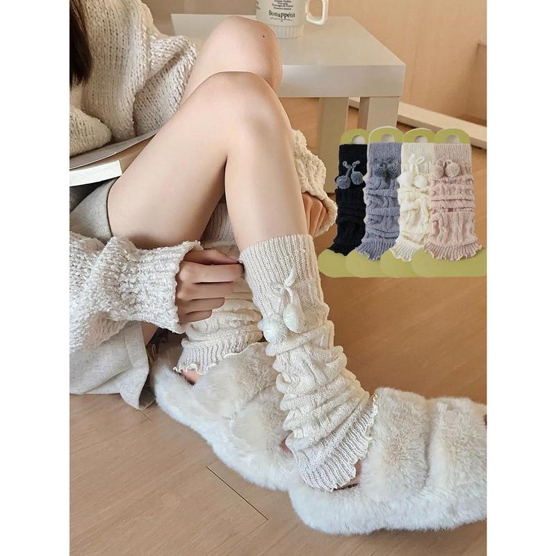 Beauty Cove  2 4 Pcs Women Furry Ball Decor Black & White Cute Versatile Leg Foot Warmers, Thickened Long Leg Warmers For Spring Autumn Winter