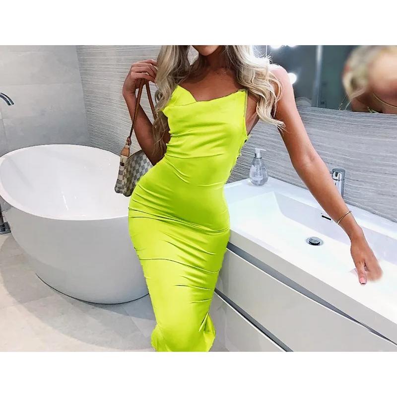 Neon Satin Lace Up Women's Long Midi Dress Light Pink Bodycon Backless Elegant Party Sexy Club Clothes Dinner Outfit Formal Womenswear