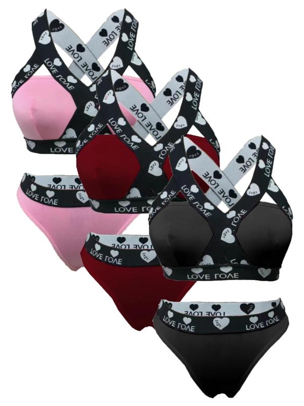  Heart & Letter Print Criss Cross Backless Bra & Thong Set, Soft Comfy Breathable Push Up Bra & Panty Set, Women's Underwear Set for All Seasons