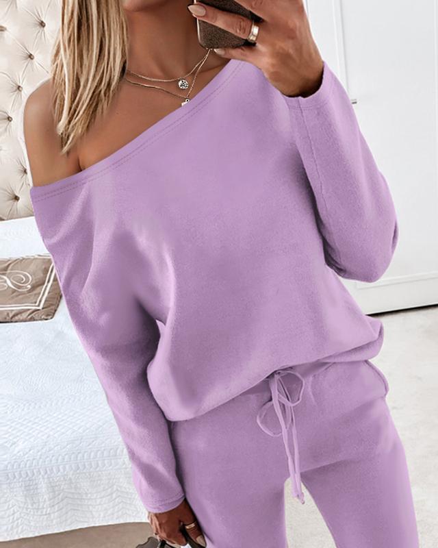 ChicMe Women's 2 Piece Lounge Outfit Long Sleeve Skew Neck Pullover Tops Stretchy Waist Pants Set Tracksuit Womenswear Asymmetrical