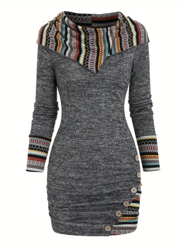 Women's Patchwork Striped Print Fake Buttons Hooded Bodycon Dress, Casual Long Sleeve Short Dress for Fall & Winter, Women's Casual Wear Clothes for Daily