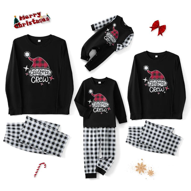 Christmas Pajamas Set for Family Matching Long Sleeve Santa Hat Print Tops + Stripes Pants Set Holiday Sleepwear