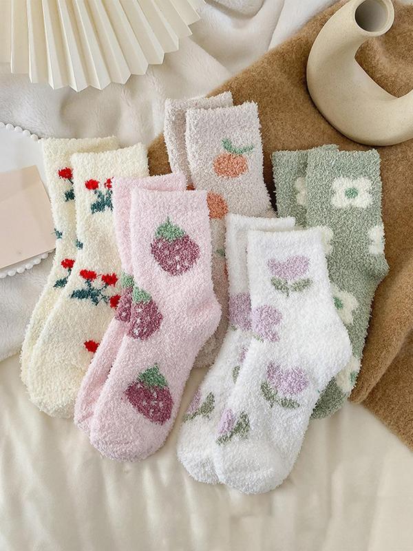 Women's Fruit Print Coral Fleece Crew Socks, Casual Soft Comfy Thermal Socks for Fall & Winter, Women's Socks for Daily Wear