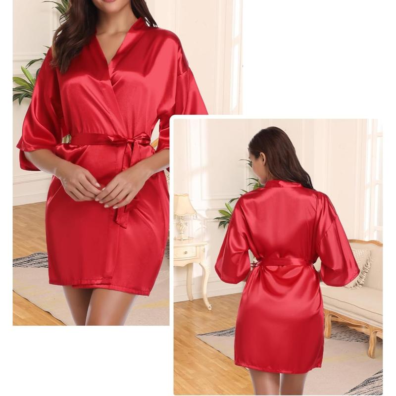 Womens Kimono Robes Dressing Gown Satin Bathrobe Nightdress Short Style Bridal Robe