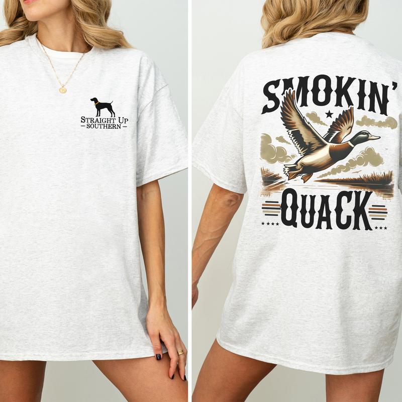 Vintage Smokin' Quack Hunting Duck 2-Sided Graphic Shirt, Mallard Hunting Shirt for Men, Dog Hunt Tee, Comfort Clothing, Cotton Fabric Tshirt, Printed Women's Top, Casual Womenswear