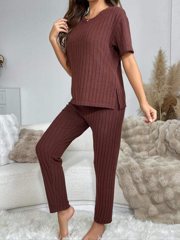 Women's Solid Ribbed Drop Shoulder Tee & Pants Pyjama Two-piece Set, Casual Comfy Split Loungewear Hem Short Sleeve Top & Trousers Pj Set, Homewear Ladies Sleepwear for All Seasons