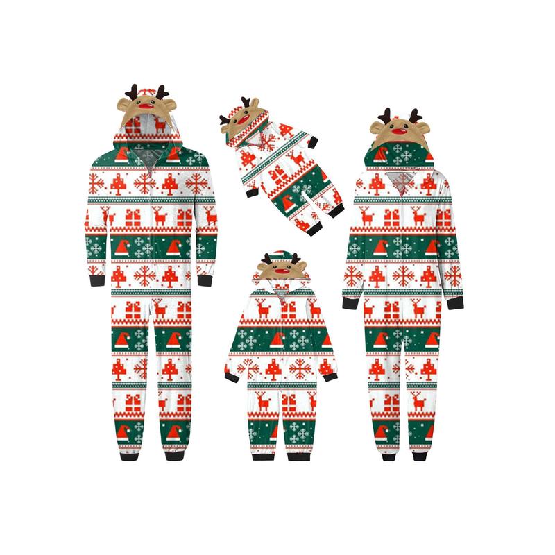 Family Christmas Pajamas, Long Sleeve Elk Christmas Tree Plaid Snowflake Print Hooded Jumpsuit Sleepwear