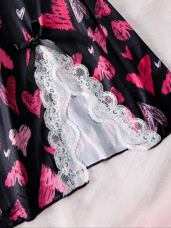 Women's Heart Print Contrast Lace Bow Decor Cami Nightdress, Casual Soft Comfortable Split Thigh Spaghetti Strap Nightgown for All Seasons, Fashion Ladies' Sleepwear for Daily Wear