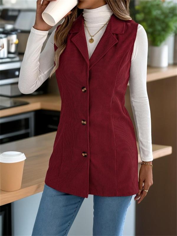 Women's Solid Button Front Lapel Vest Coat, Casual Sleeveless Outerwear for Fall & Winter, Ladies Clothes for Daily Wear