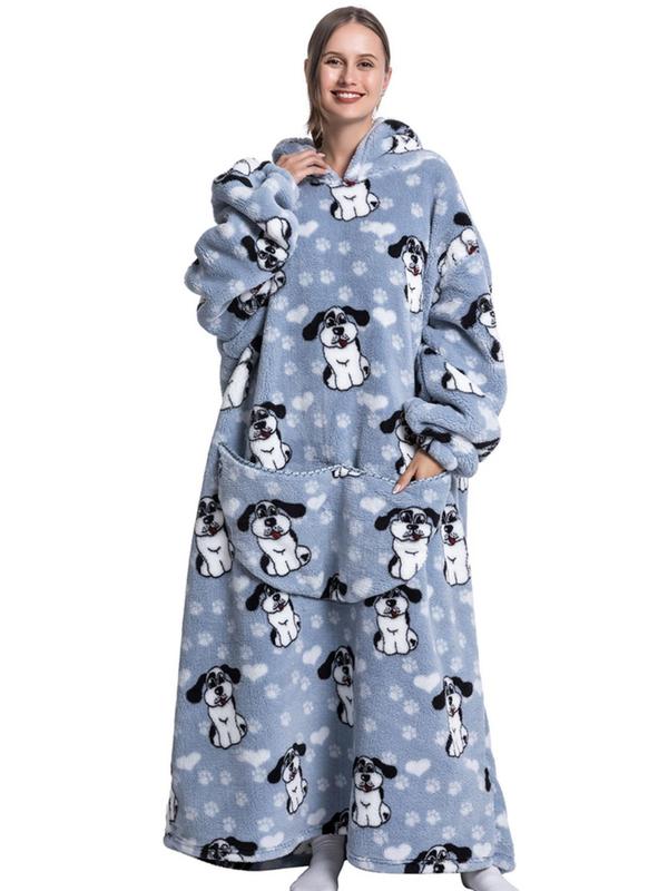 Women's Animal fruit pizza pumpkin Print Drop Shoulder Blanket Hoodie, Casual Long Sleeve Pocket Hooded Blanket Robe,  Robe for Women, Ladies Fall & Winter Sleepwear