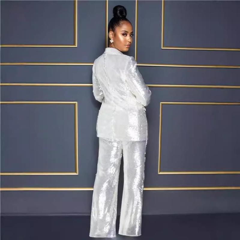 2024 Summer Cross-Border Jumpsuit European and American New Women's Long Sleeve V-neck Sequins Jumpsuit Two-Piece Set