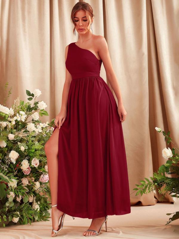 Women's Split Thigh One Shoulder Bridesmaid Dress, Summer Clothes Women, Elegant Sleeveless A Line Dress, Ladies Summer Evening Party Wedding Gown