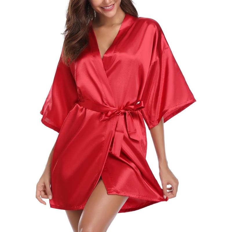 Womens Kimono Robes Dressing Gown Satin Bathrobe Nightdress Short Style Bridal Robe