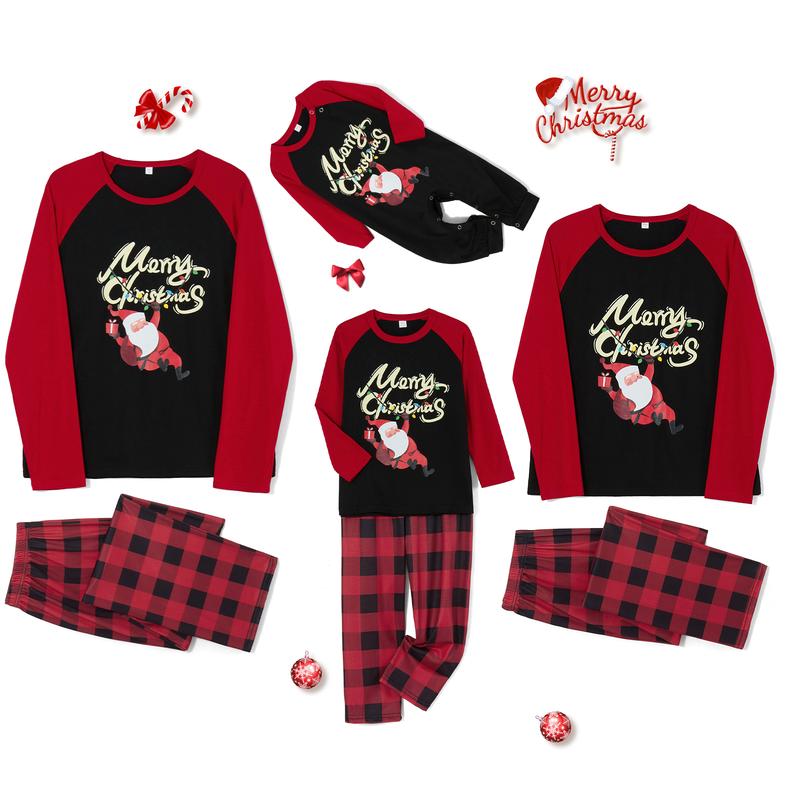 Christmas Family Pajamas Matching Set, Long Sleeve Letters Santa Claus Print T-shirt with Plaid Pants Sleepwear Loungewear Crewneck Womenswear