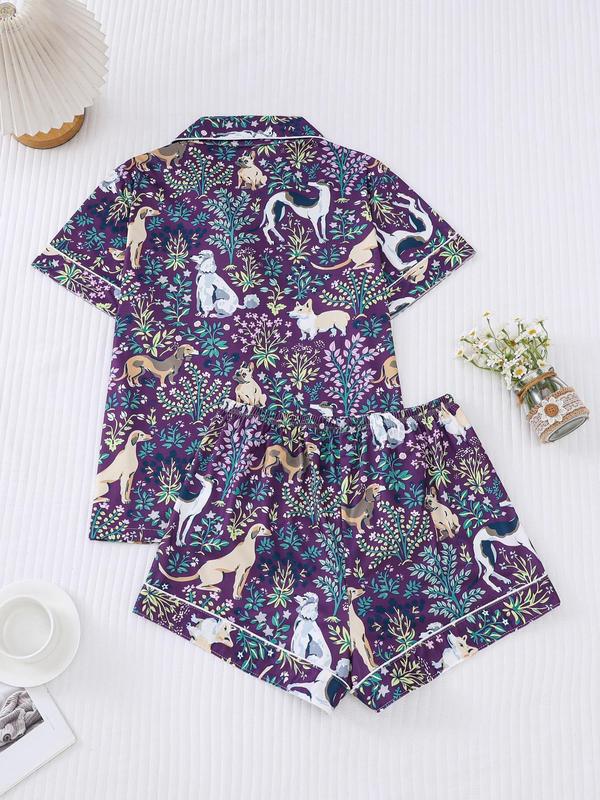 Women's All Over Print Contrast Binding Lapel Shirt & Elastic Waist Shorts Pyjama, Casual Comfy Short Sleeve Pocket Top & Shorts PJ Set, Ladies Sleepwear for All Seasons