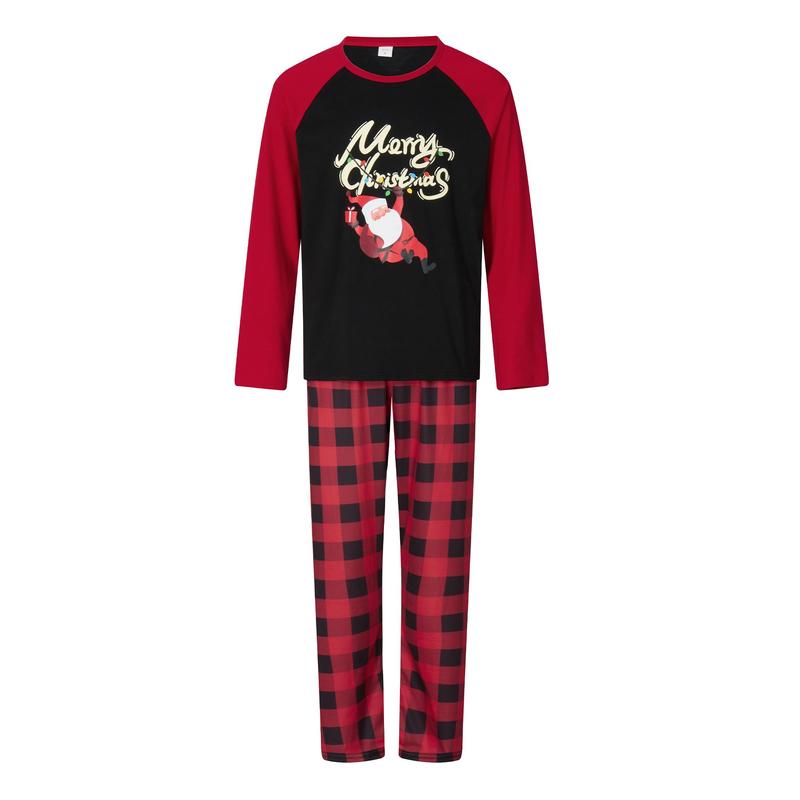 Christmas Family Pajamas Matching Set, Long Sleeve Letters Santa Claus Print T-shirt with Plaid Pants Sleepwear Loungewear Crewneck Womenswear