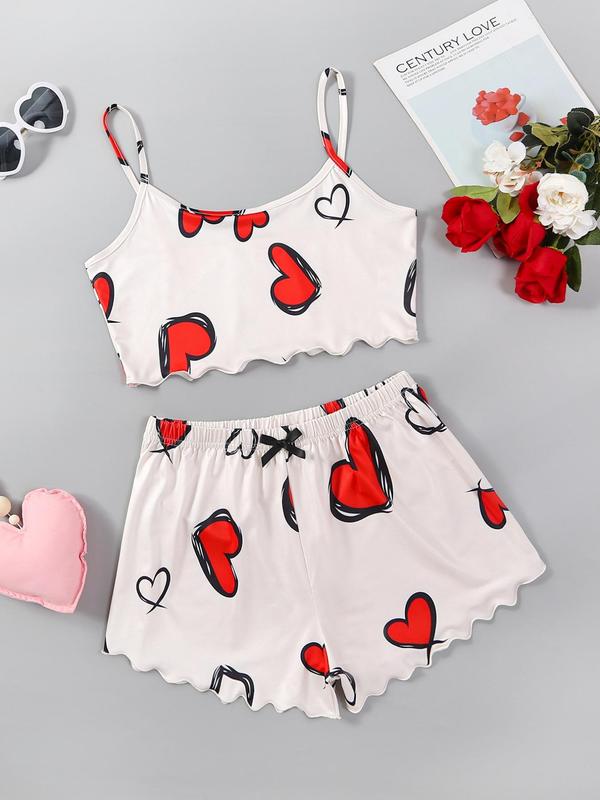 Women's Plus Size Two-Piece Set Cute Cartoon Print Lettuce Trim Crop Cami Top & Shorts Homewear Pajama Set, Casual Comfortable Co-ord Pj Set, Womenswear Plus Clothing Loungewear Sets, Lady Sleeveless Homewear