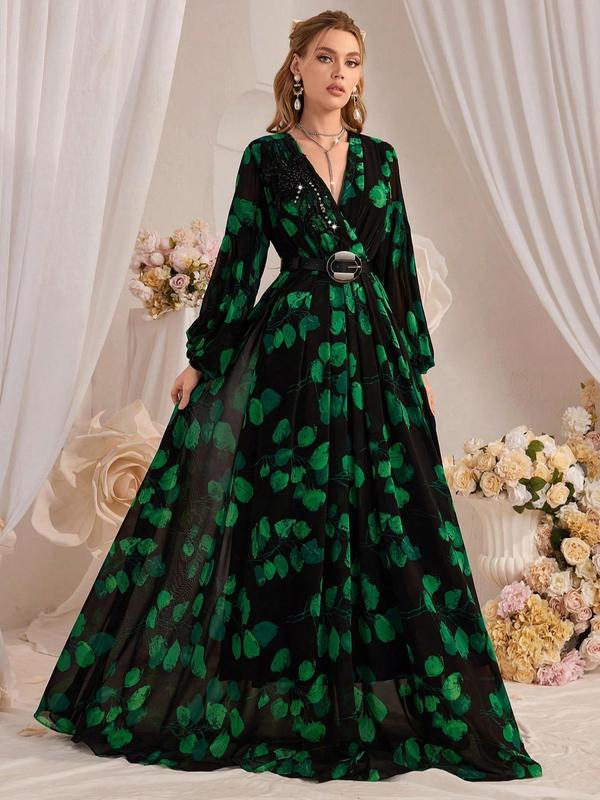 Women's Leaf Print Rhinestone Decor Beaded Belted Dress, Elegant Bishop Sleeve Wrap V Neck A Line Maxi Dress for Party Holiday Wedding Guest, Ladies Clothes for All Seasons