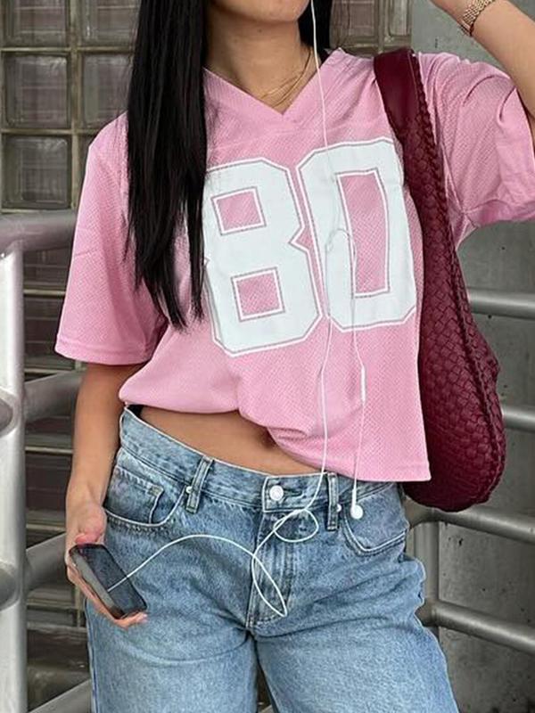 Women's Number Print Wrap V Neck Crop Tee, Preppy Style Drop Shoulder Half Sleeve T-Shirt for Summer, Women's Top for Daily Wear, 90s Clothes