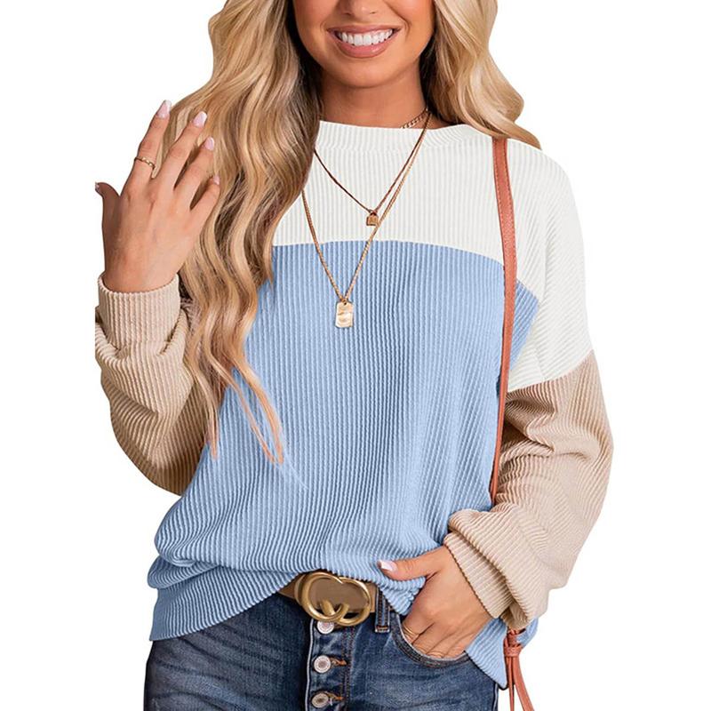 Womens Fashion Color Block Long Sleeve Crewneck Knitted Casual Loose Pullover Tops Spring Womenswear Everyday