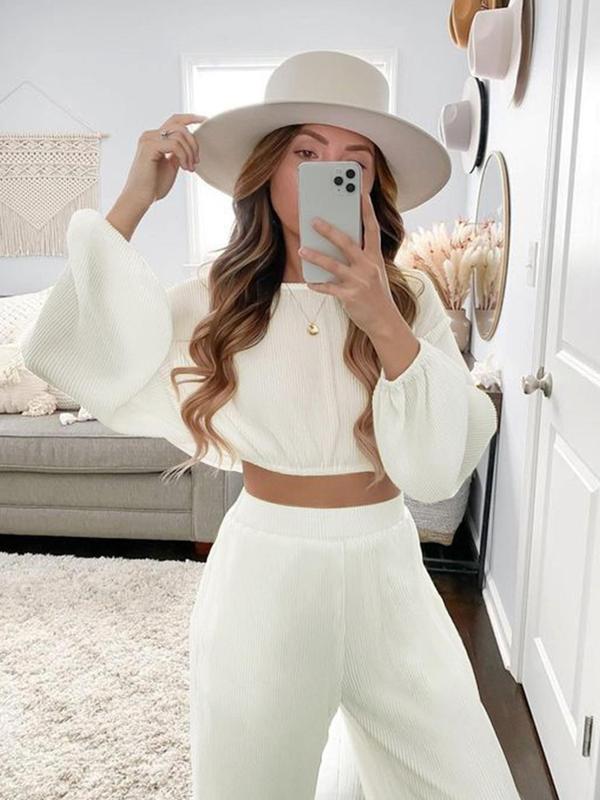 Women's Solid Long Sleeve Tee & Wide Leg Pants Loungewear Two-piece Set, Casual Comfy Round Neck Top & Trousers PJ Set, Ladies Sleepwear for Fall & Winter